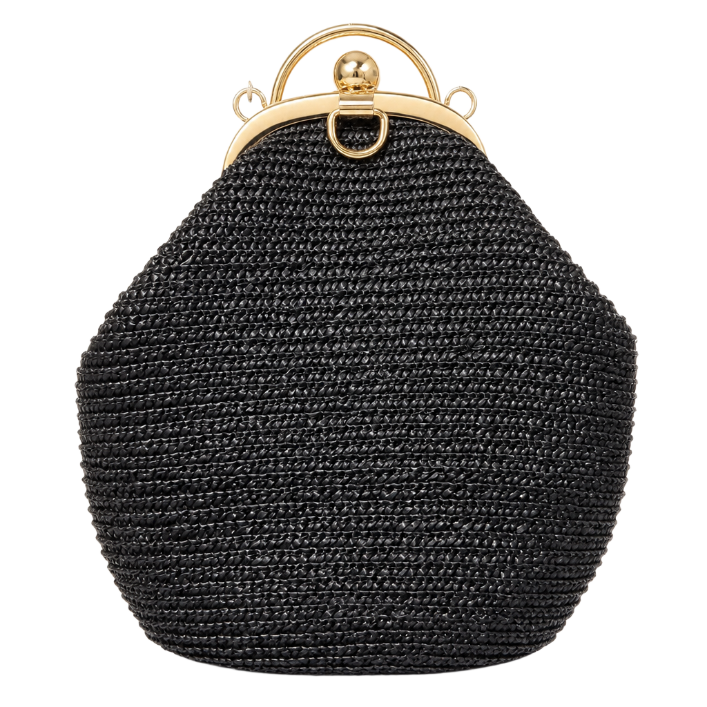 Vintage Black Woven Straw Crossbody Evening Bag with Gold Kiss Lock Frame 1