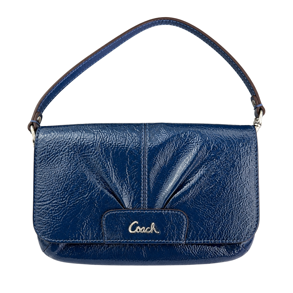 Coach Ashley F49415 Navy Patent Leather Large Flap Wristlet Pleated Gold Logo 1