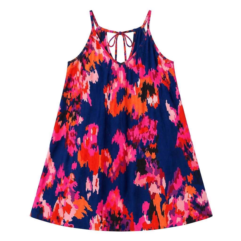 Womens M Navy Multicolor Abstract Floral Swing Dress Tie Back Sleeveless 1
