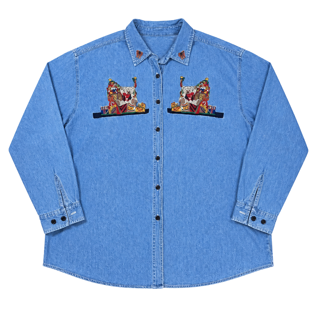 Y2K Faded Glory Denim Shirt Size 3X Christmas Bear Embroidered 1