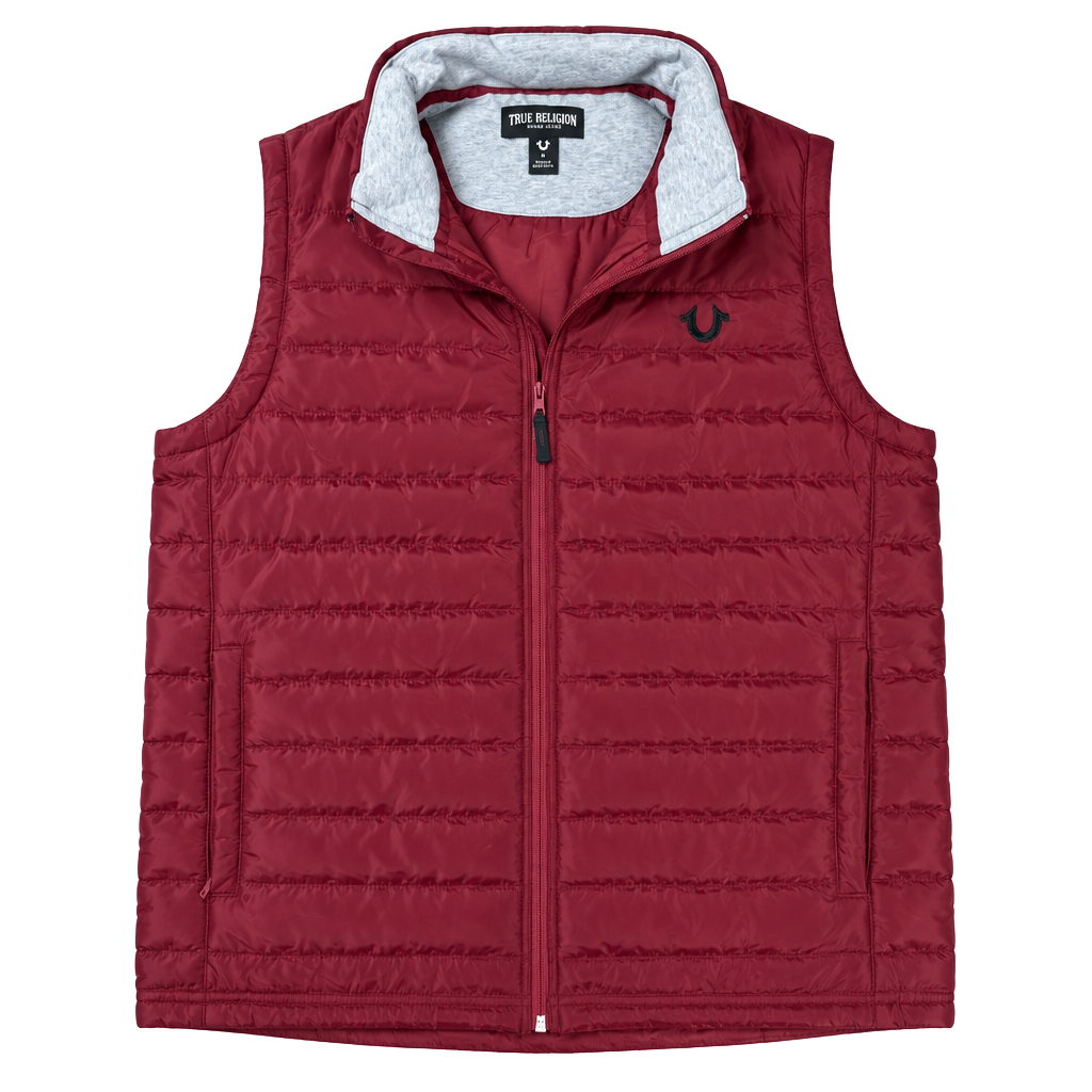 True Religion Puffer Vest Size L Red Quilted Collar Full Zip 1