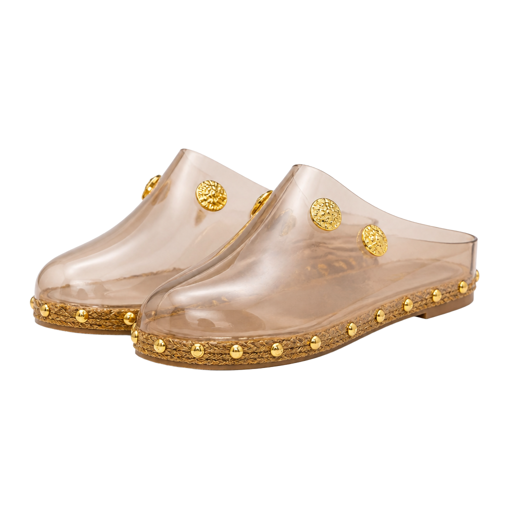 J. Renee Vintage Clear Vinyl and Cork Wedge Slide Sandals with Gold Stud Detail 1