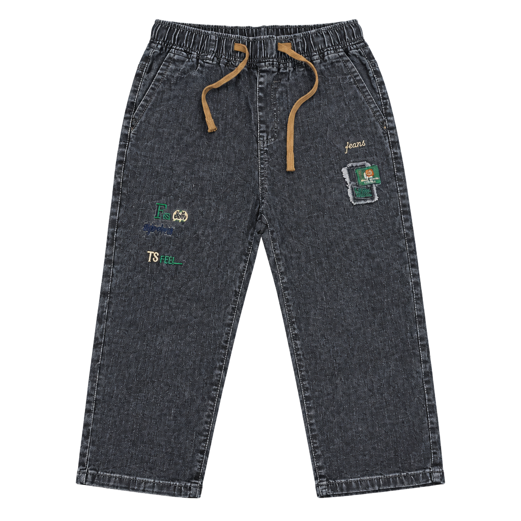 Unbranded Denim Jogger Pants Patches Drawstring Black 1