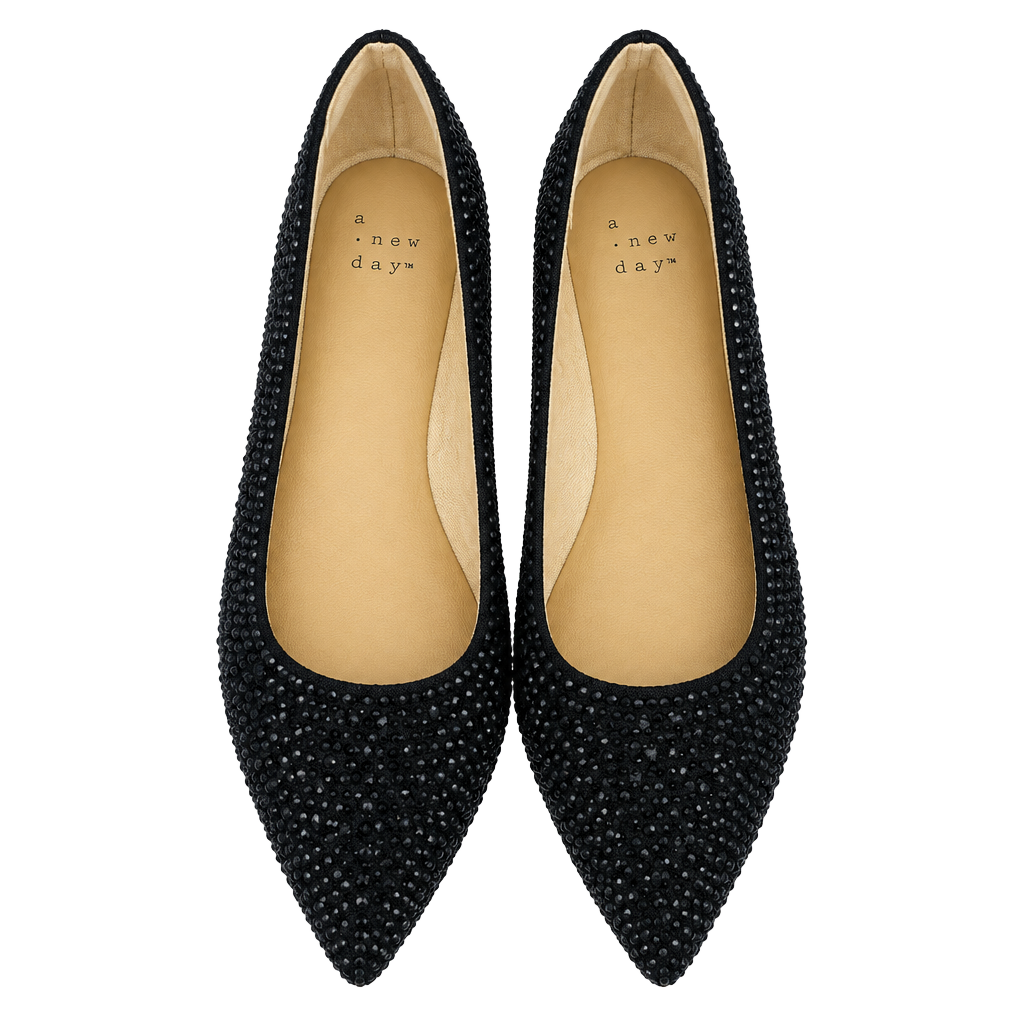 A New Day Pointed Toe Ballet Flat Size 8.5 Black Rhinestone Embellished 1