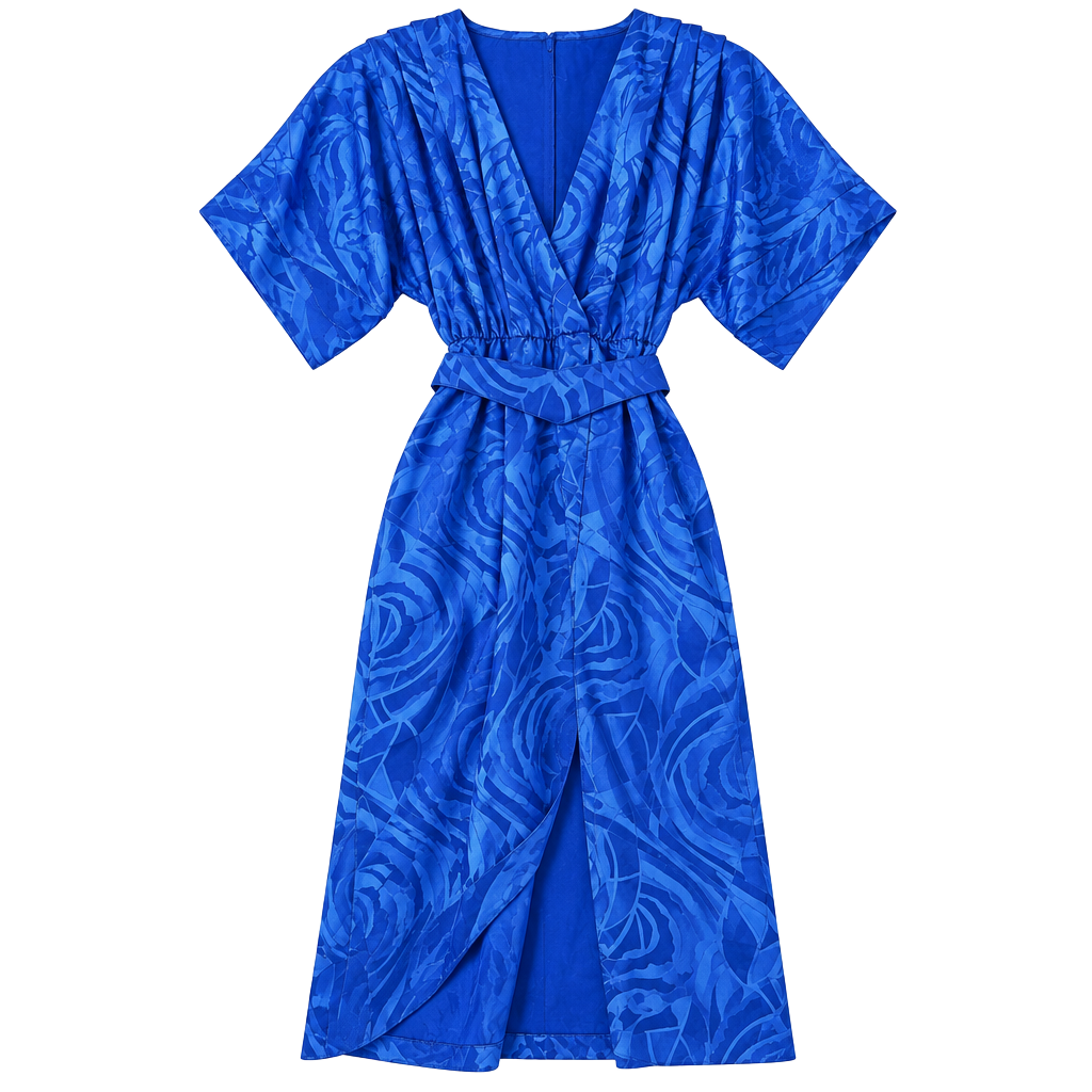 Vintage 80s L.I.D. by Roberta Cobalt Blue Satin Jacquard Belted Dress 1