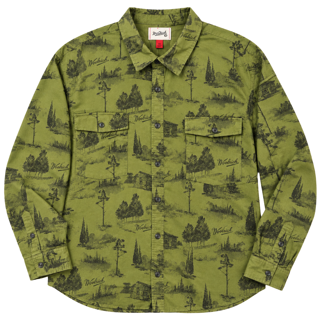 Woolrich 3XL Olive Scenic Cabin Print Button Up Shirt Gorpcore Outdoors 1