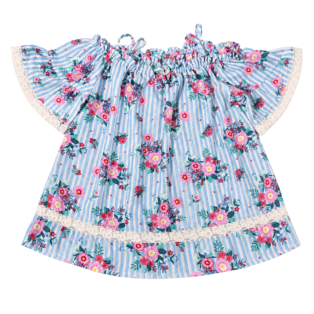 Pink Republic Floral Stripe Blouse Size 10/12 Blue Pink Lace Trim 1