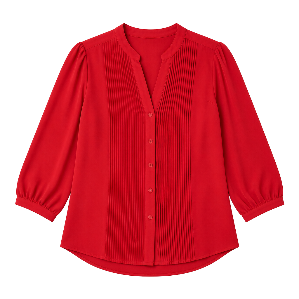 H&M Red Pleated V-Neck Button-Down Blouse 3/4 Sleeve Size US 8 1