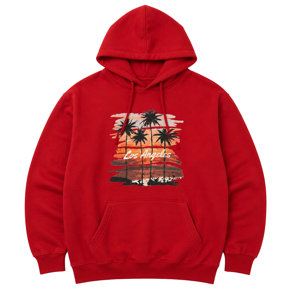 Los Angeles Palm Tree Sunset Graphic Print Red Drawstring Hoodie 1