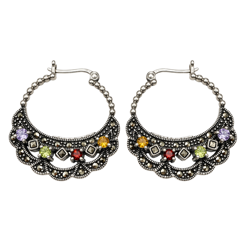 Sterling Silver 925 Multi Gemstone Marcasite Hoop Earrings 12g 1