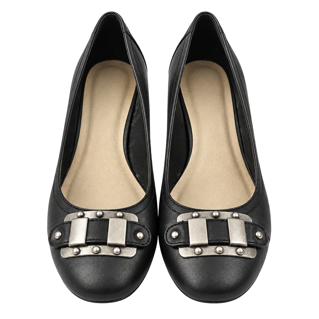 Black Wedge Shoes Silver Buckle Details 1
