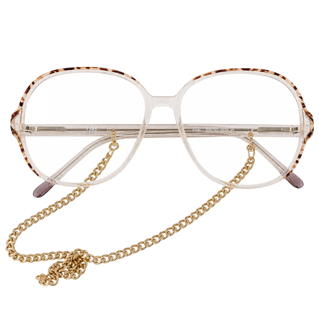 Vintage Clear and Tortoiseshell Oversized Eyeglasses with Gold Chain 1