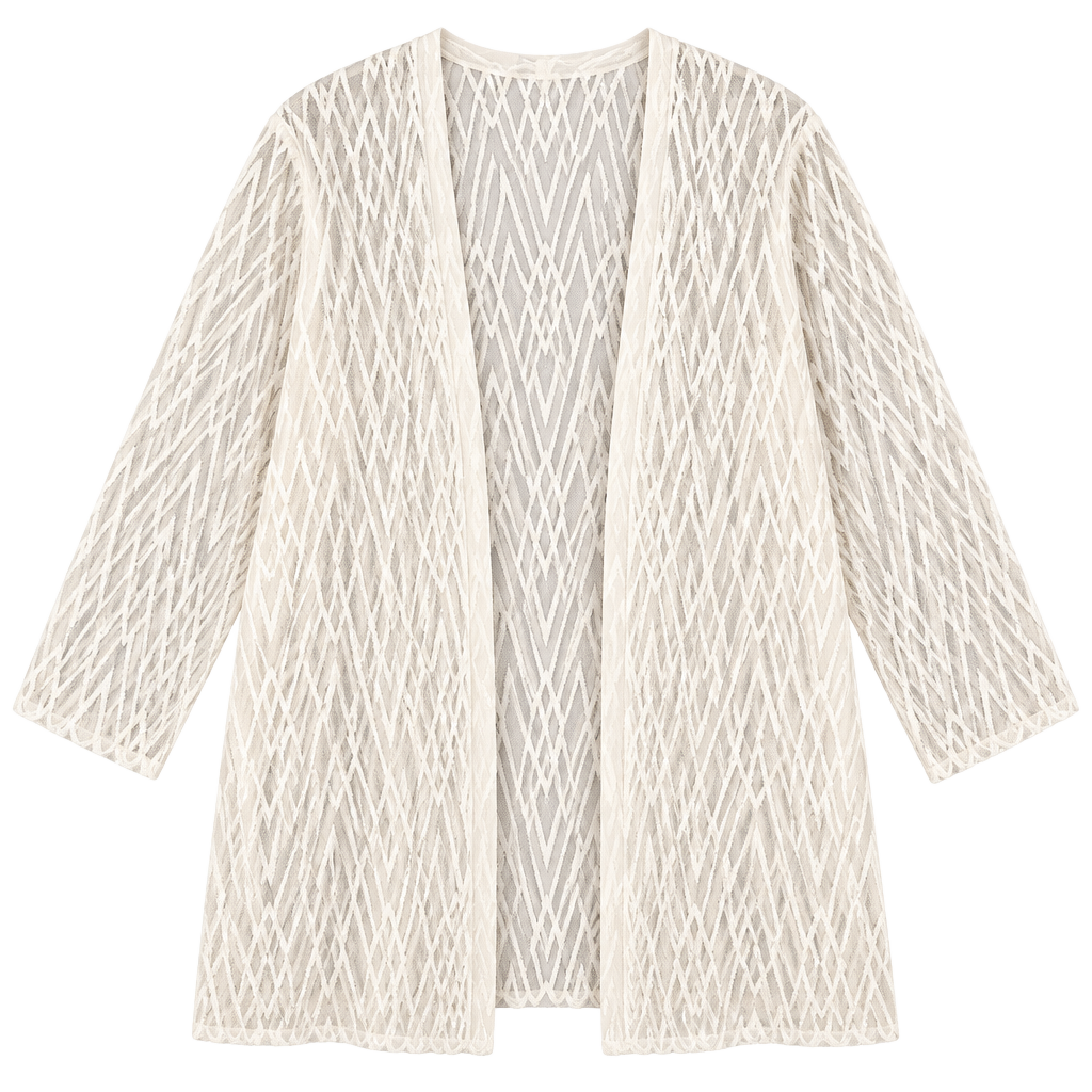 Coty Sheer Velvet Cardigan Size M White Geometric Open Front C490 1