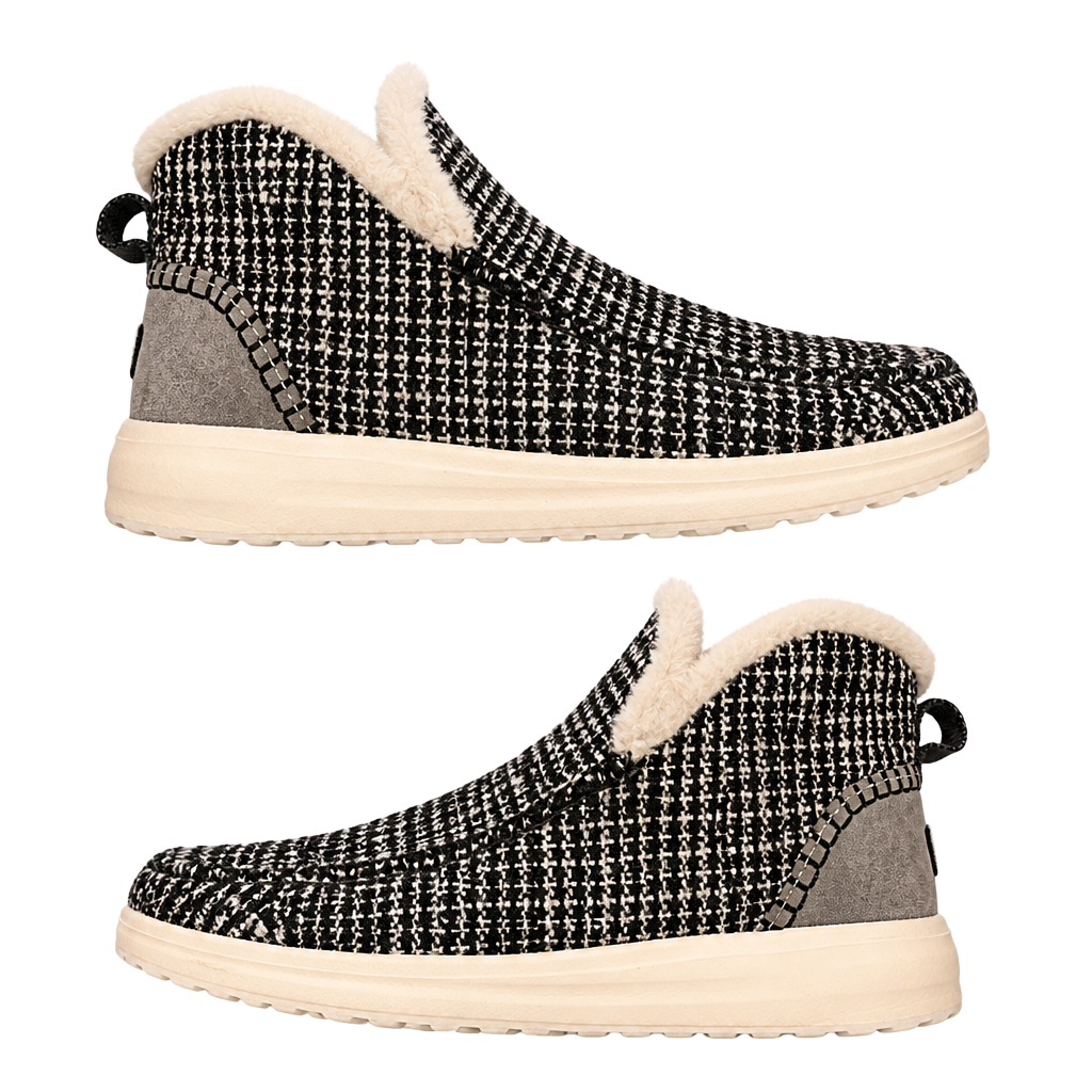 Hey Dude Denny Tweed Boots Black White Lined Fur Slip On Ankle Booties 1