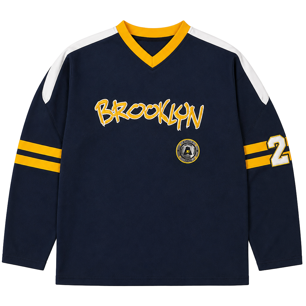 Asphalt Legend #27 Brooklyn Hockey Jersey Shirt Navy Yellow Long Sleeve XL 1