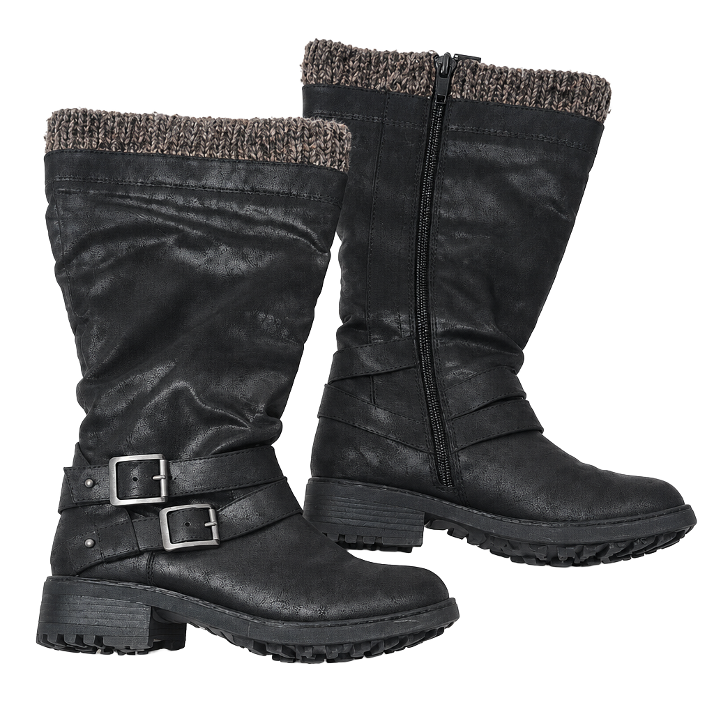 Torrid Boots 9 Wide Knee High Black Sweater Trim Faux Leather Zip Strappy Buckle 1