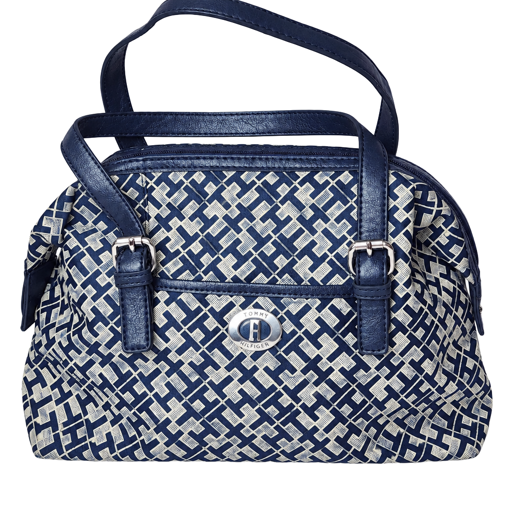 Tommy Hilfiger Monogram Blue Nylon Satchel Handbag 1