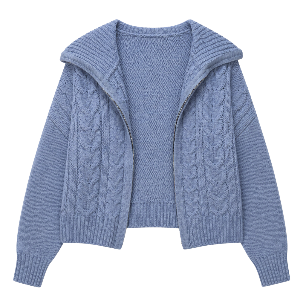 Hippie Rose Blue Cable Knit Full Zip Mock Neck Sweater Size XL 1
