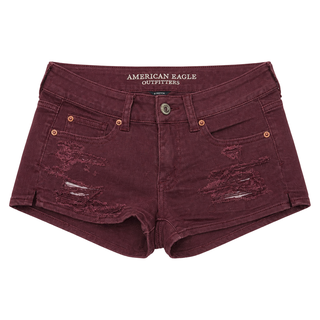 American Eagle Outfitters Shortie Maroon Distressed Denim Shorts 1