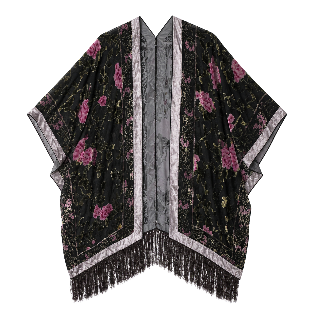 ETHOS Velvet Burnout Rose Kimono Duster Fringe Boho Floral Sheer One Size 1