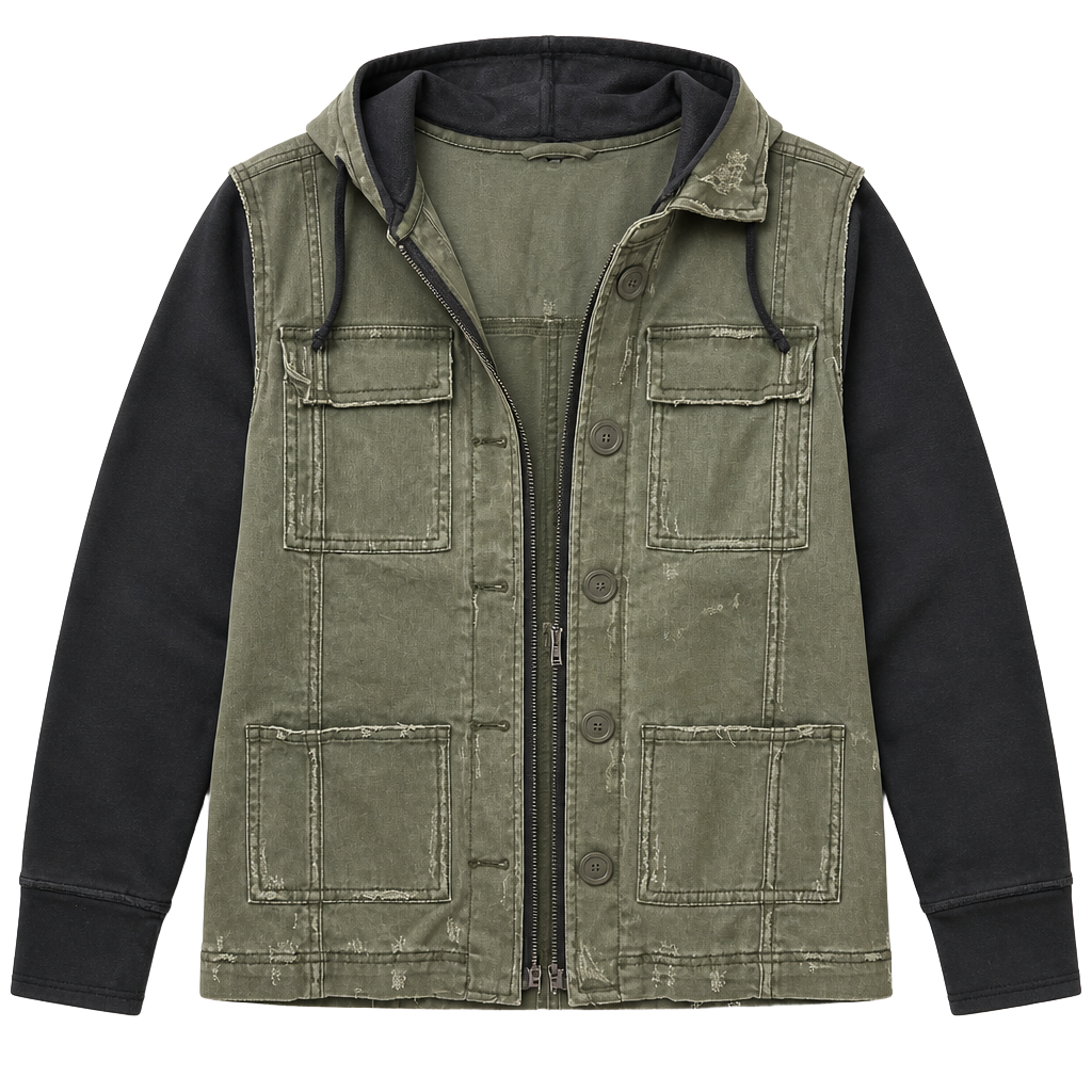 Free People Mixed Media Denim Utility Jacket with Contrast Hoodie Sleeves 1