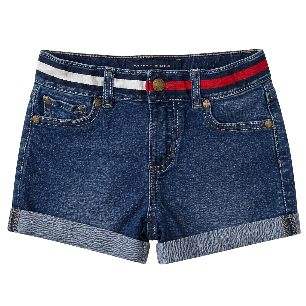 Vintage Tommy Hilfiger Girls Junior Size 5 Dark Wash Ribbon Waist Cuffed Denim Shorts 1