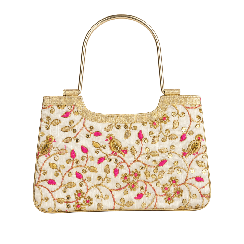 Traditional Indian Silk Embroidered Evening Bag with Gold Bangle Handle 1