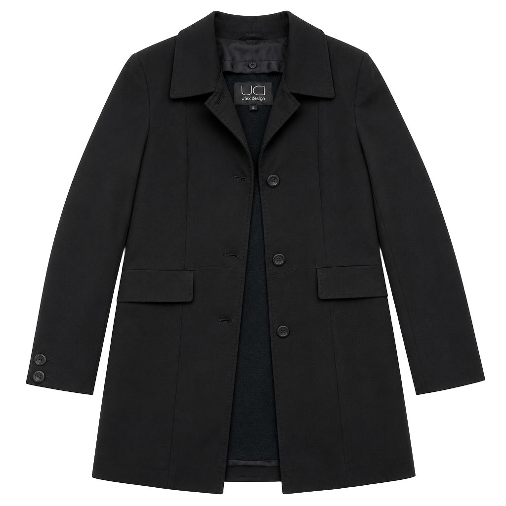 Utex Design Black Single Breasted Longline Trench Coat Jacket Size Small 1