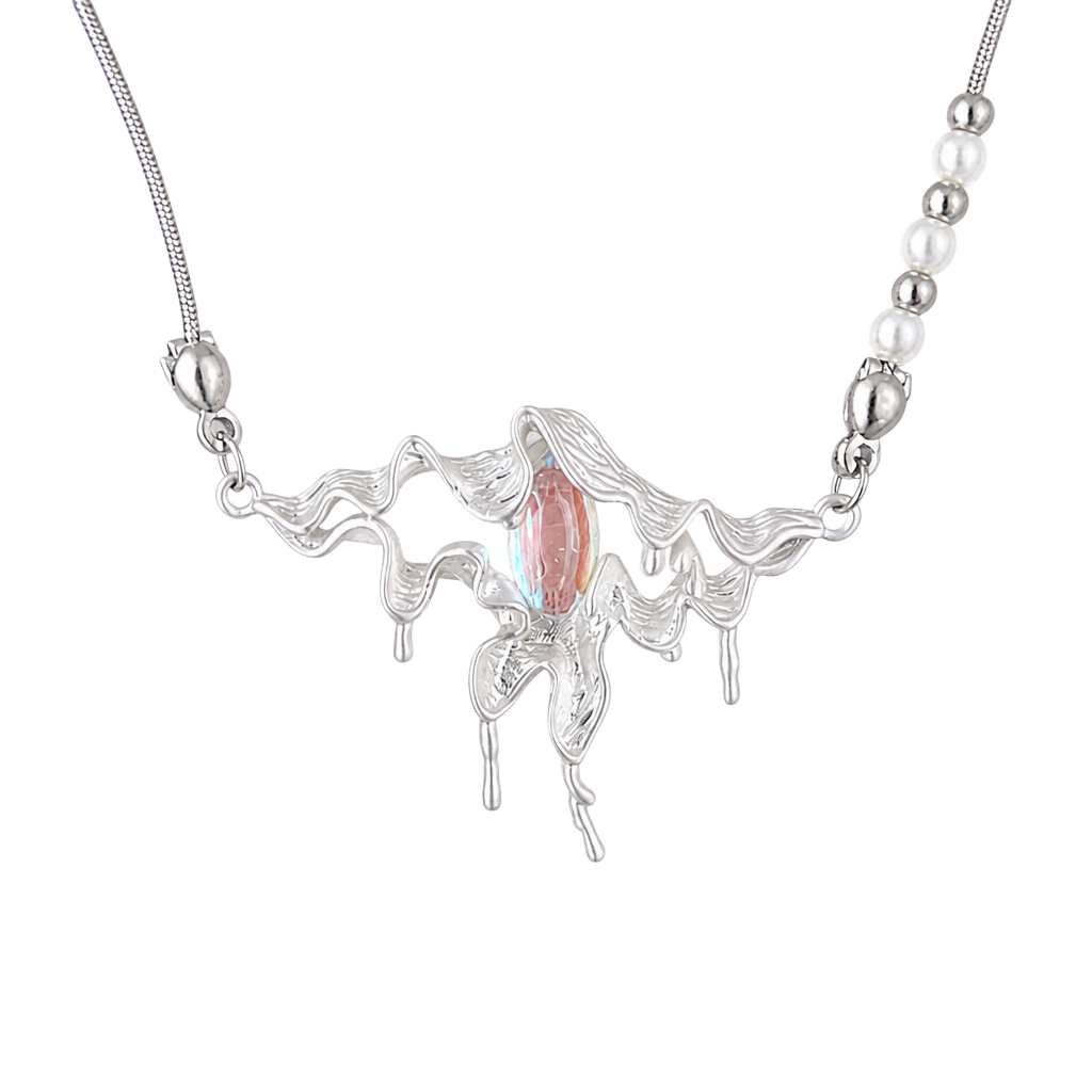 Unique Statement Necklace with Gemstone Pendant and Pearls Wave goth punk alt 1