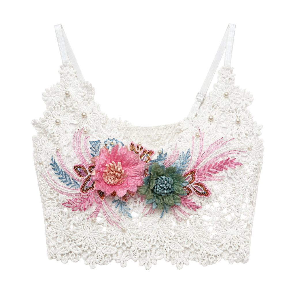 White Lace Crop Top with 3D Floral Beads and Sequins Handmade fits S to M 1