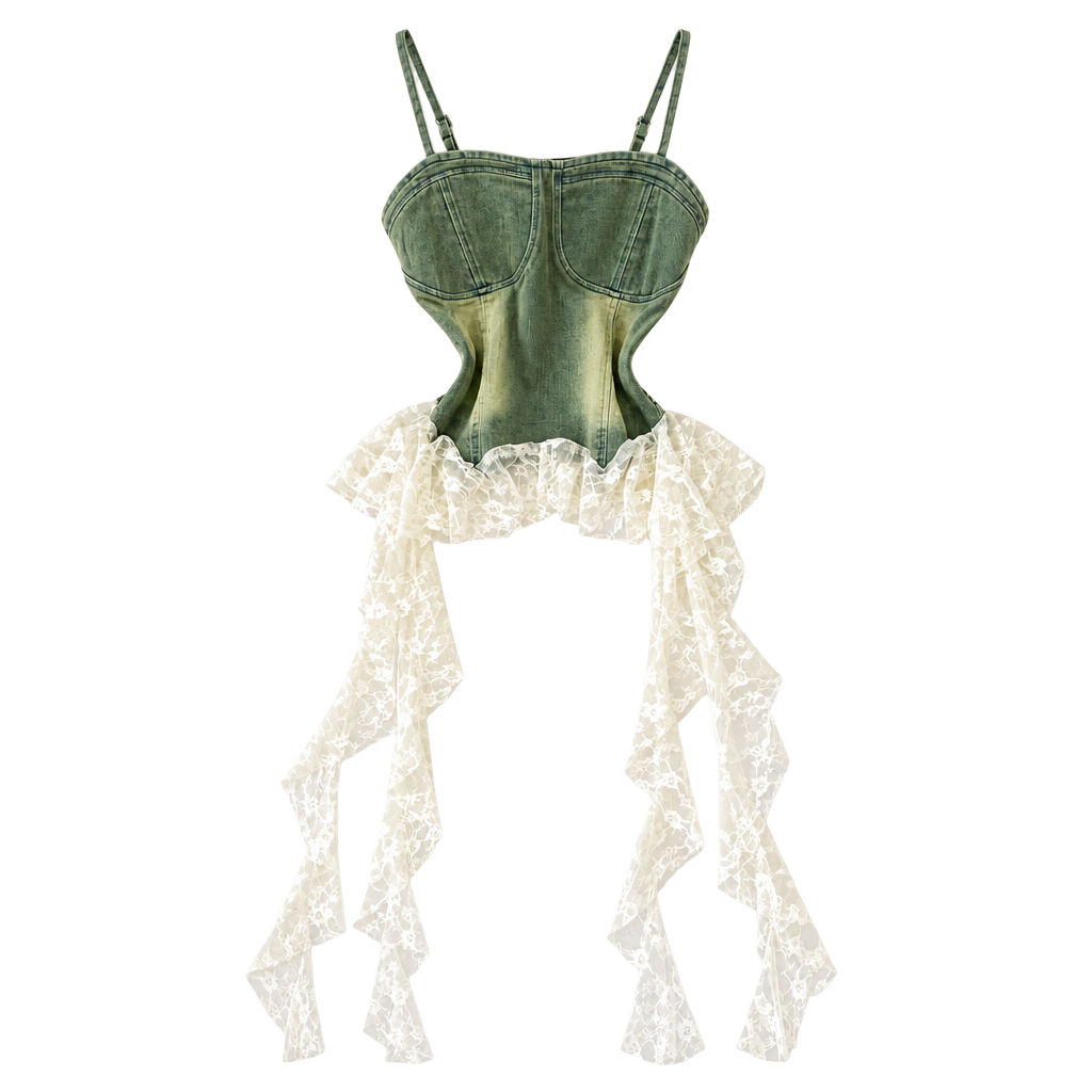 Vintage Style Green Denim Corset Top with Lace Trim unique coquette fits S M L 1