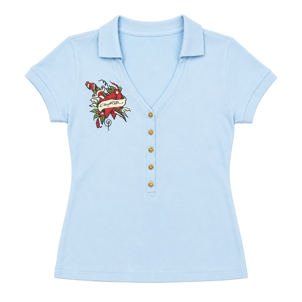 Ed Hardy Women's Slim Fit Heart and Dagger Embroidered Polo shirt vintage 1