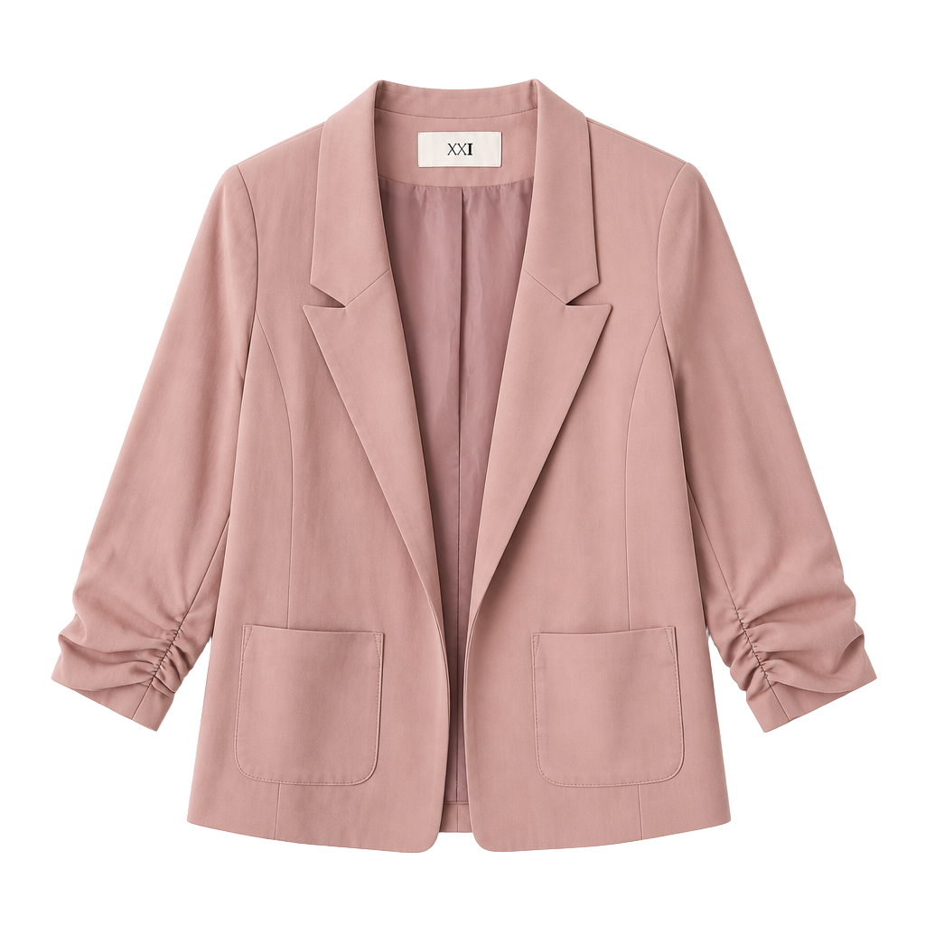 Forever 21 Open Front Ruched 3/4 Sleeve Blazer relaxed size S dusty pink salmon color 1