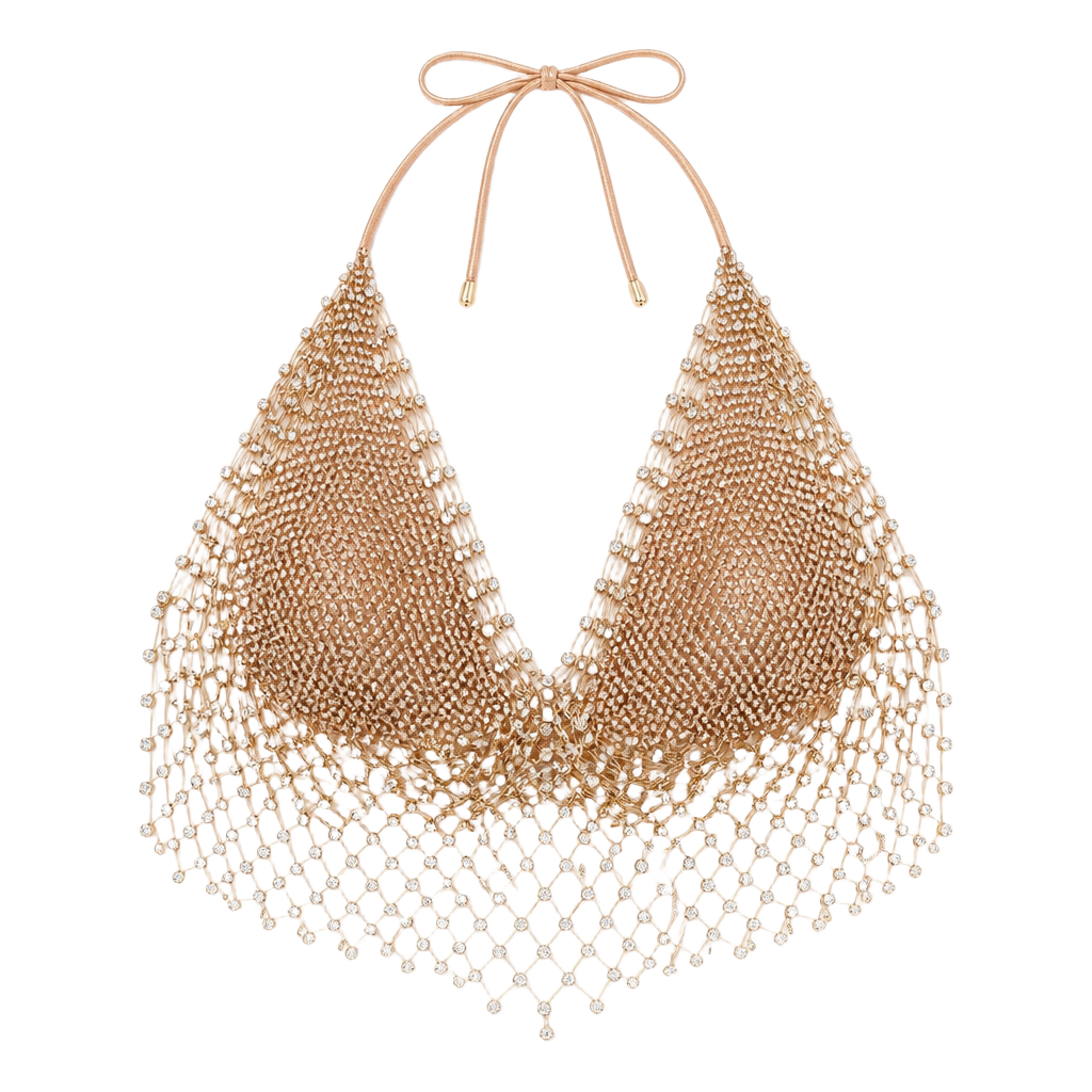 Sexy Y2k Glitter Rhinestone Criss Cross Halter Rave Top Gold S-L 1