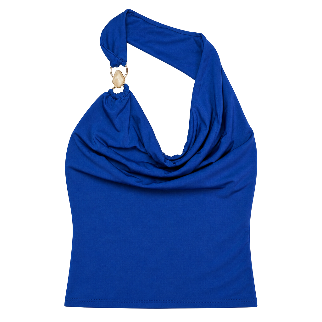 21 Saints Halter Top Size XS Blue Draped Cowl Neck Gold Ring Hardware 1