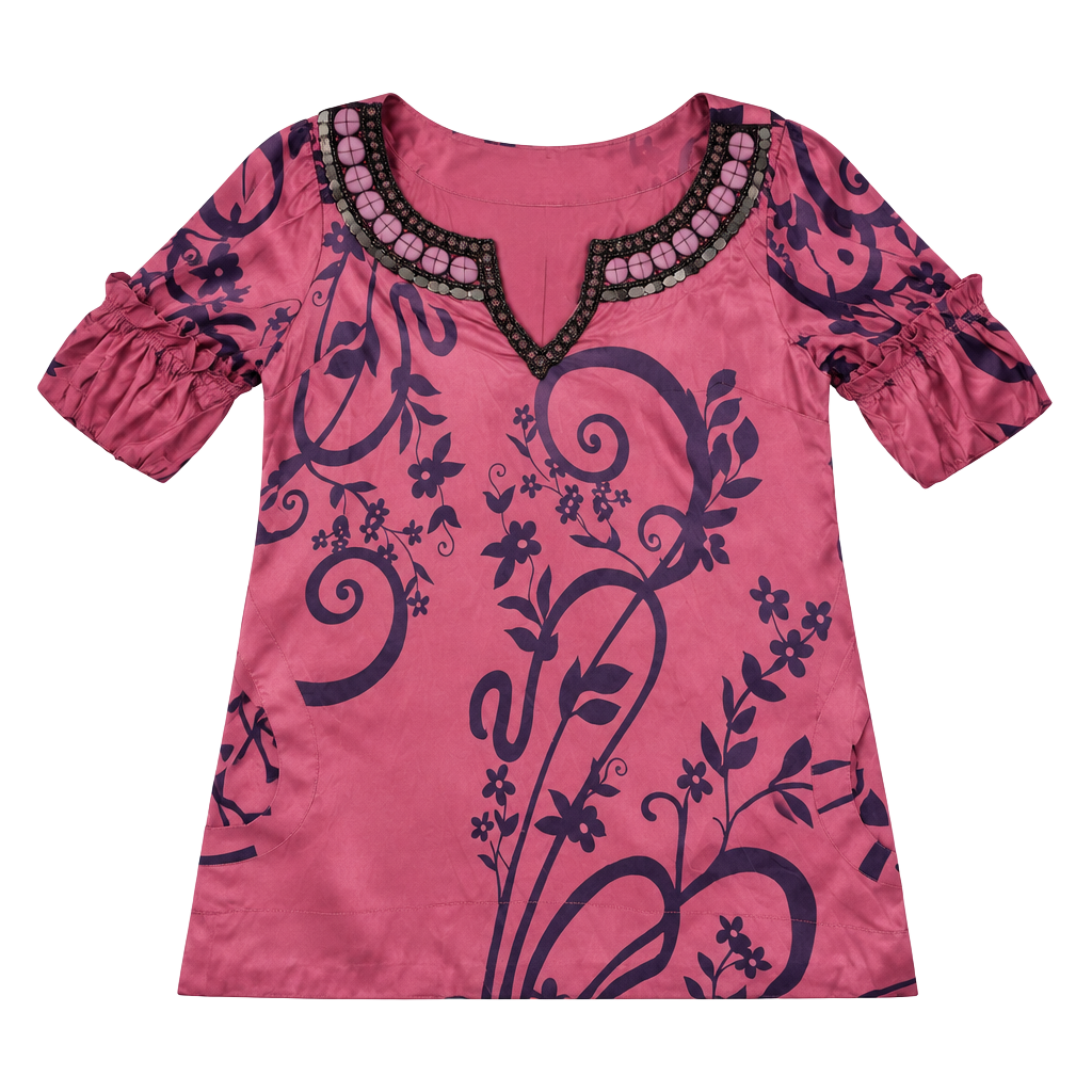 Kale Bob Silk Blouse Size M Pink Floral Beaded V-Neck Short Sleeve Top 1