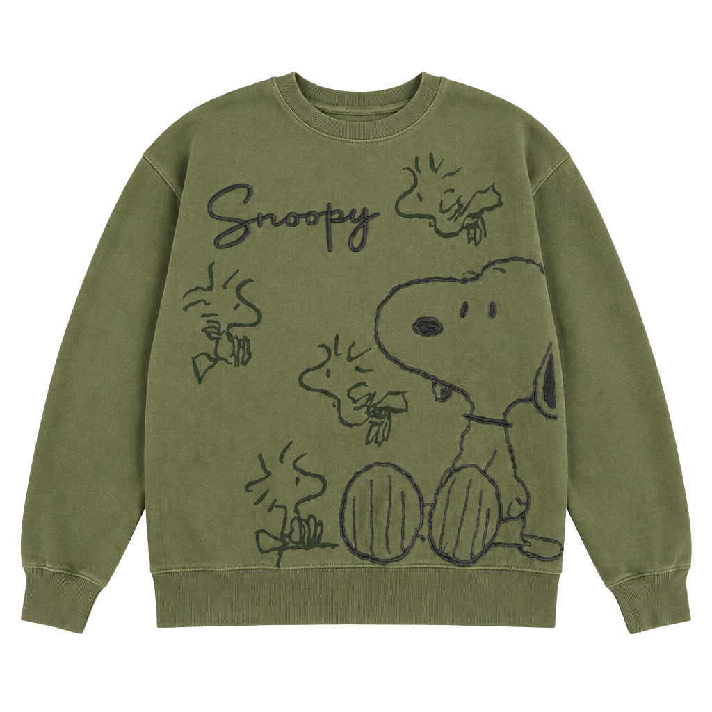 Peanuts Snoopy Graphic Crewneck Sweatshirt Size S Olive Green 1
