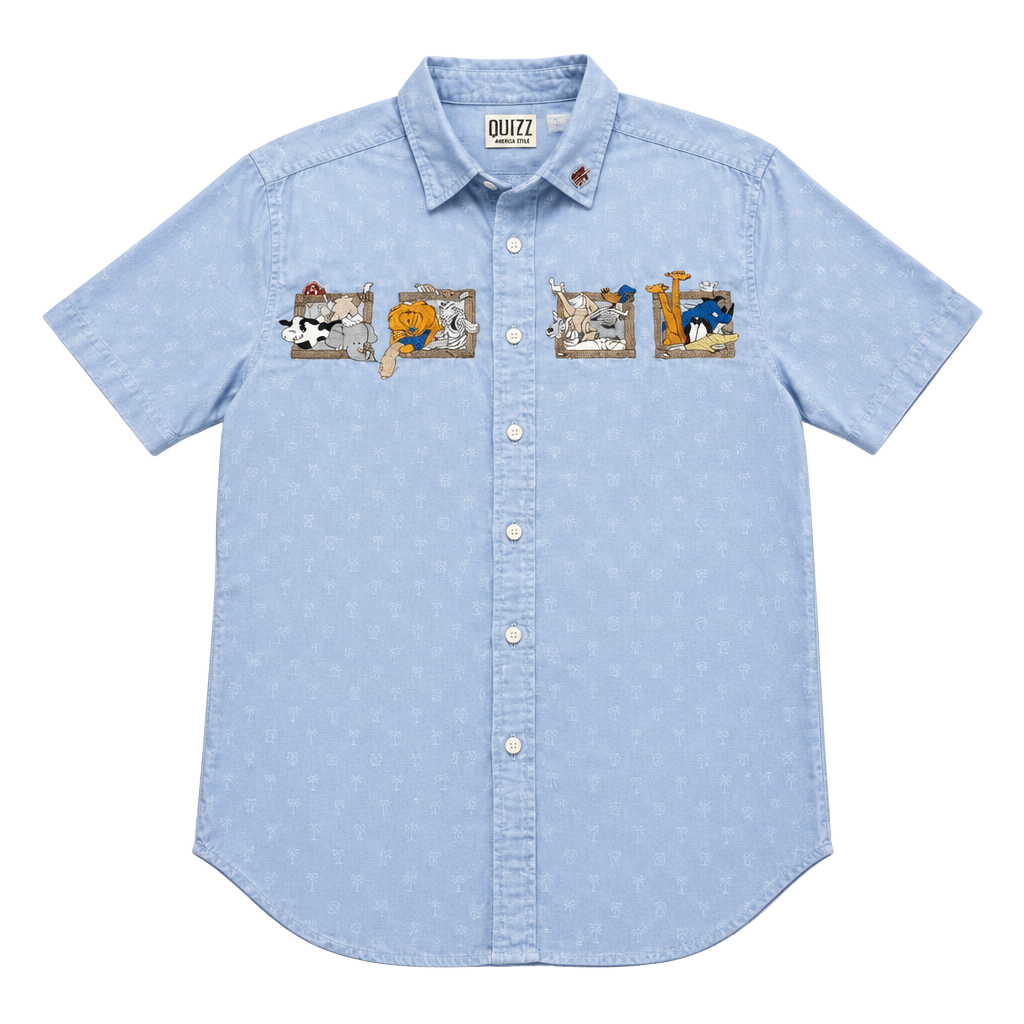 Quizz Again Short Sleeve Button-Down Shirt Size S Blue Embroidered Animals 1