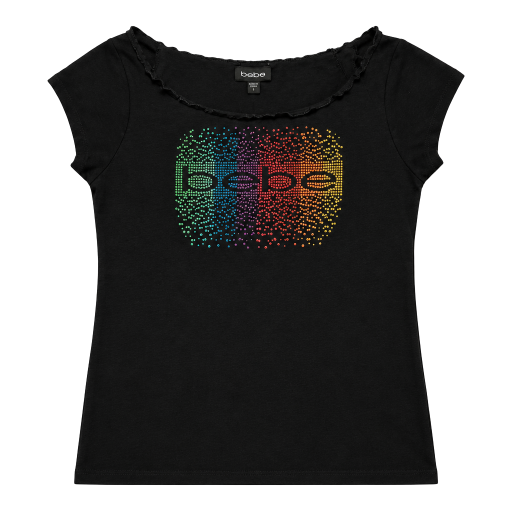 bebe Rhinestone Logo T-Shirt Size S Black Rainbow Crystal 1