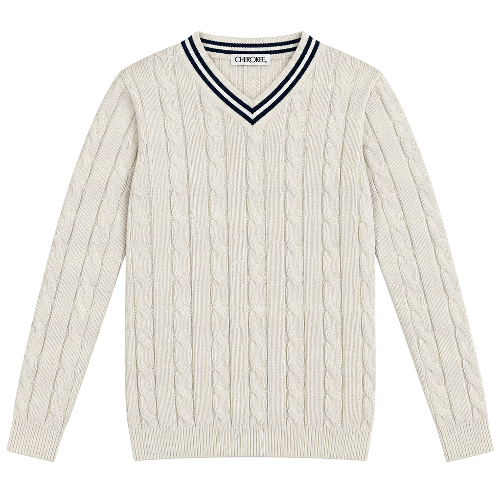 Cherokee Cable Knit V-Neck Sweater Size L Cream Cotton Acrylic 1