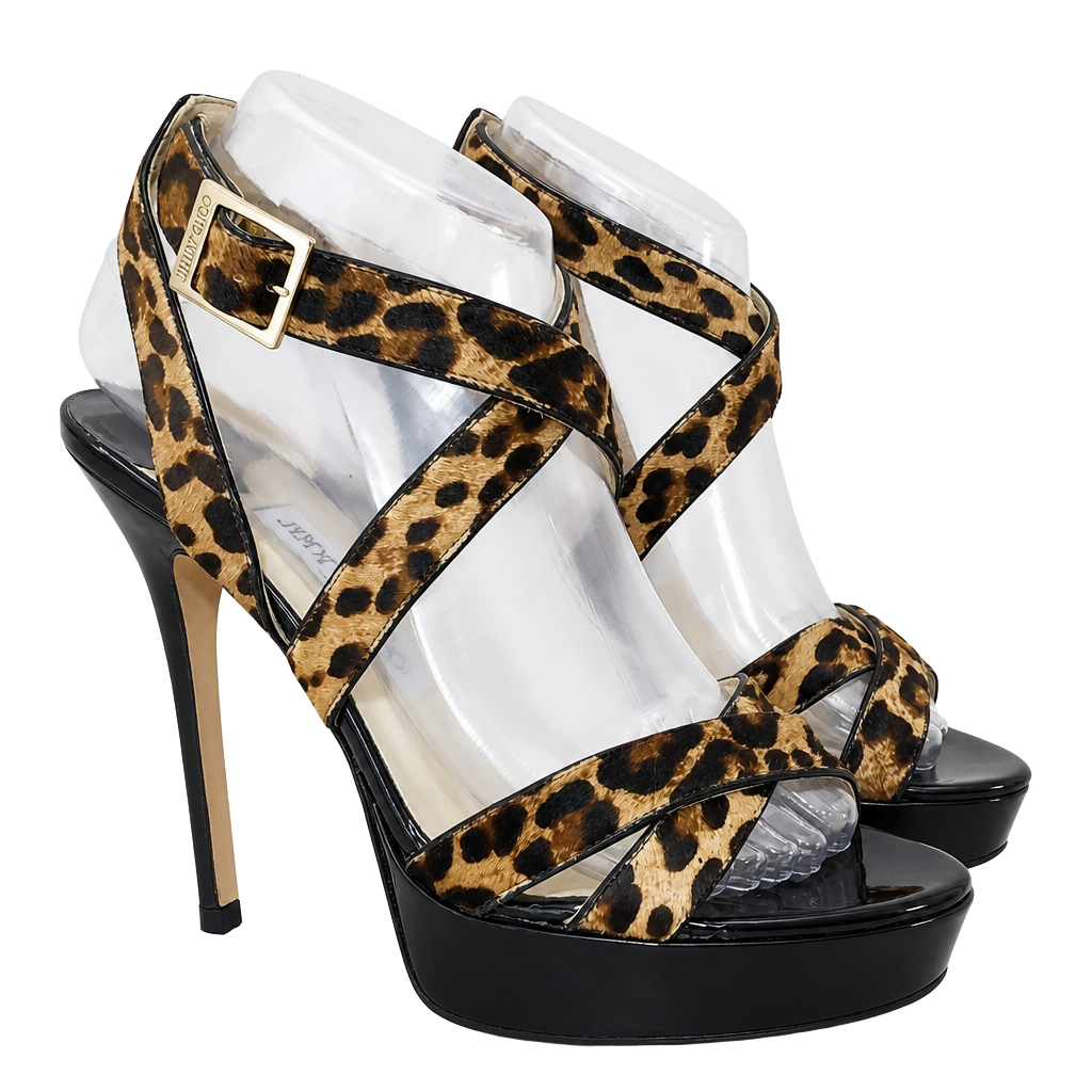 Jimmy Choo Womens Eu 38 Vamp Leopard Platform Strappy Sandals Heels 1