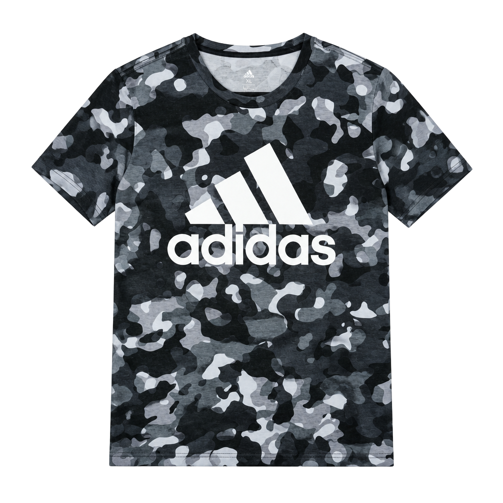Adidas Camo Allover Print T-Shirt Size XL 18/20 Grey Black White Logo Tee 1
