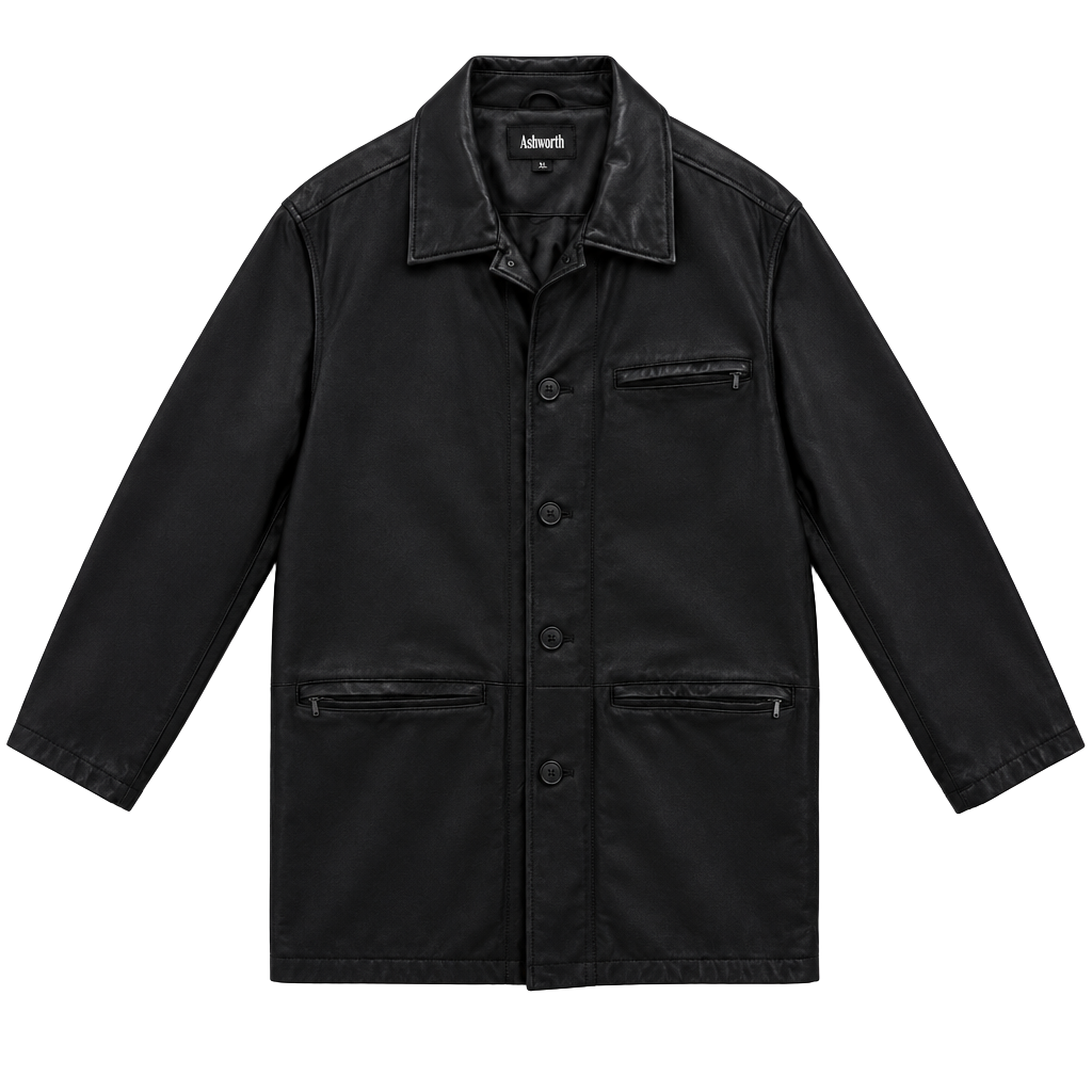 Ashworth Men’s Black Leather Jacket Button & Zip Closure Lined Pockets Size L 1