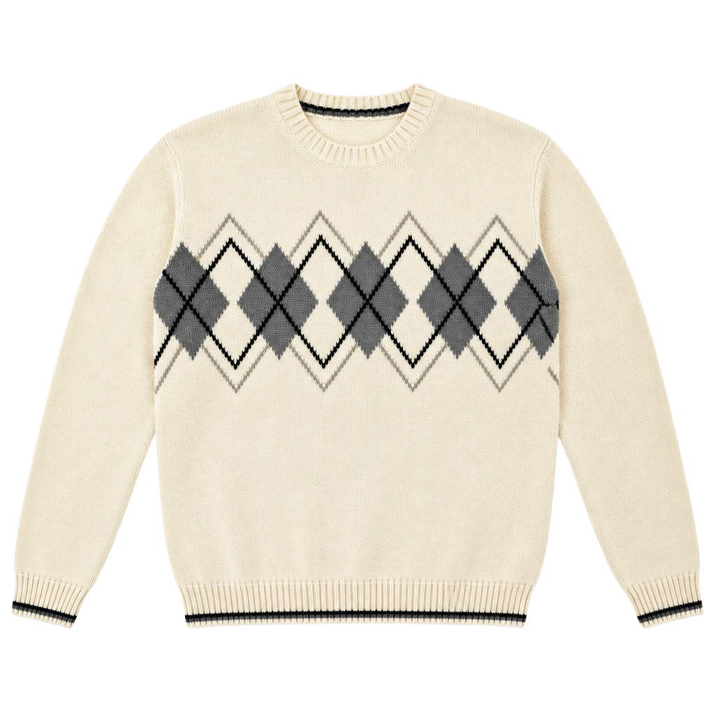 Bill Blass Men's Ivory Argyle Knit Crewneck Pullover Sweater Long Sleeve M 1