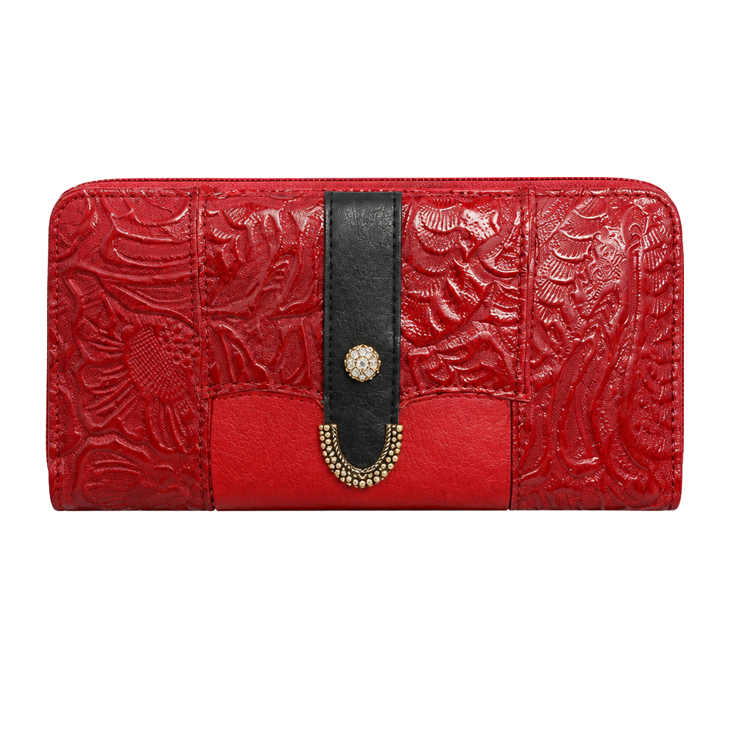 Western Tooled Leather Red Floral Long Clutch Wallet 1