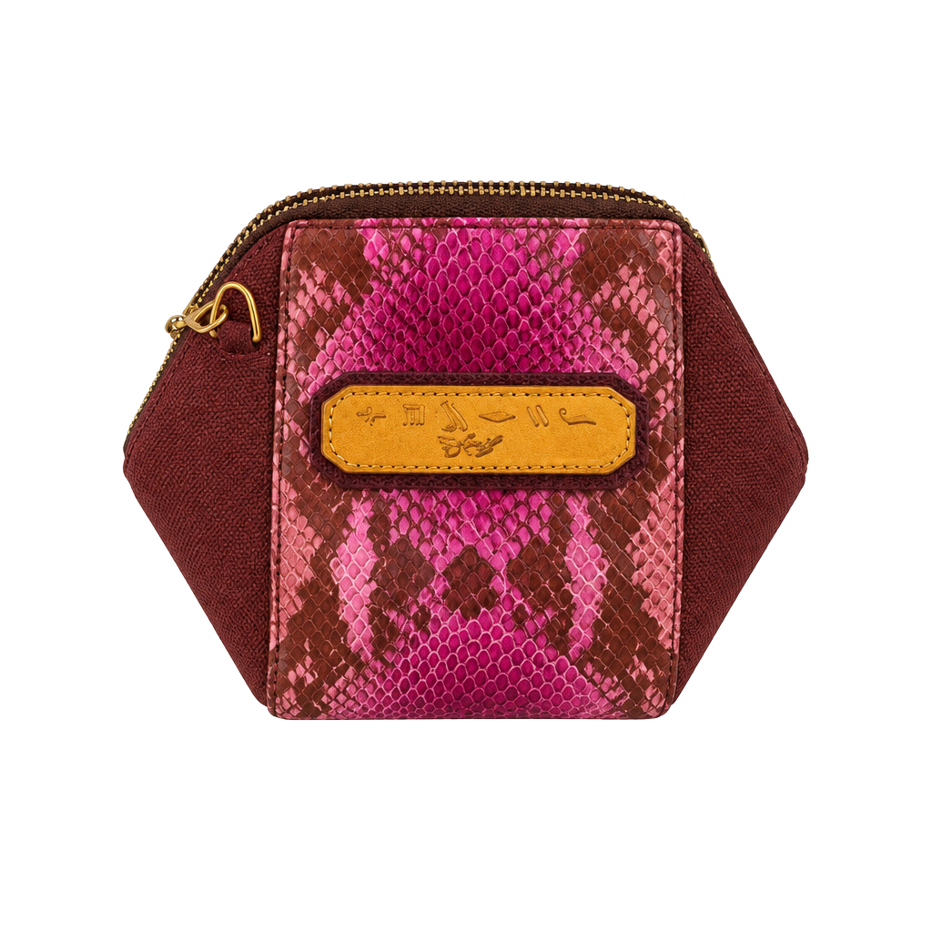 Sharif Snake Embossed Leather Mini Cosmetic Pouch Pink Brown 1