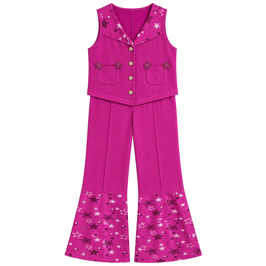 Barbie The Movie Western Cowgirl Jumpsuit Girls Size M Pink Star Print 1
