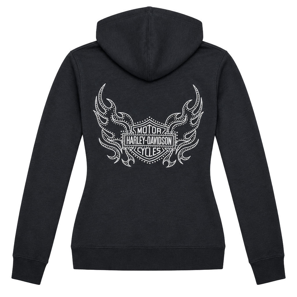 VTG Y2K Bling Harley-Davidson Zip Up Hoodie Black Rhinestone Flames Sz Med 1