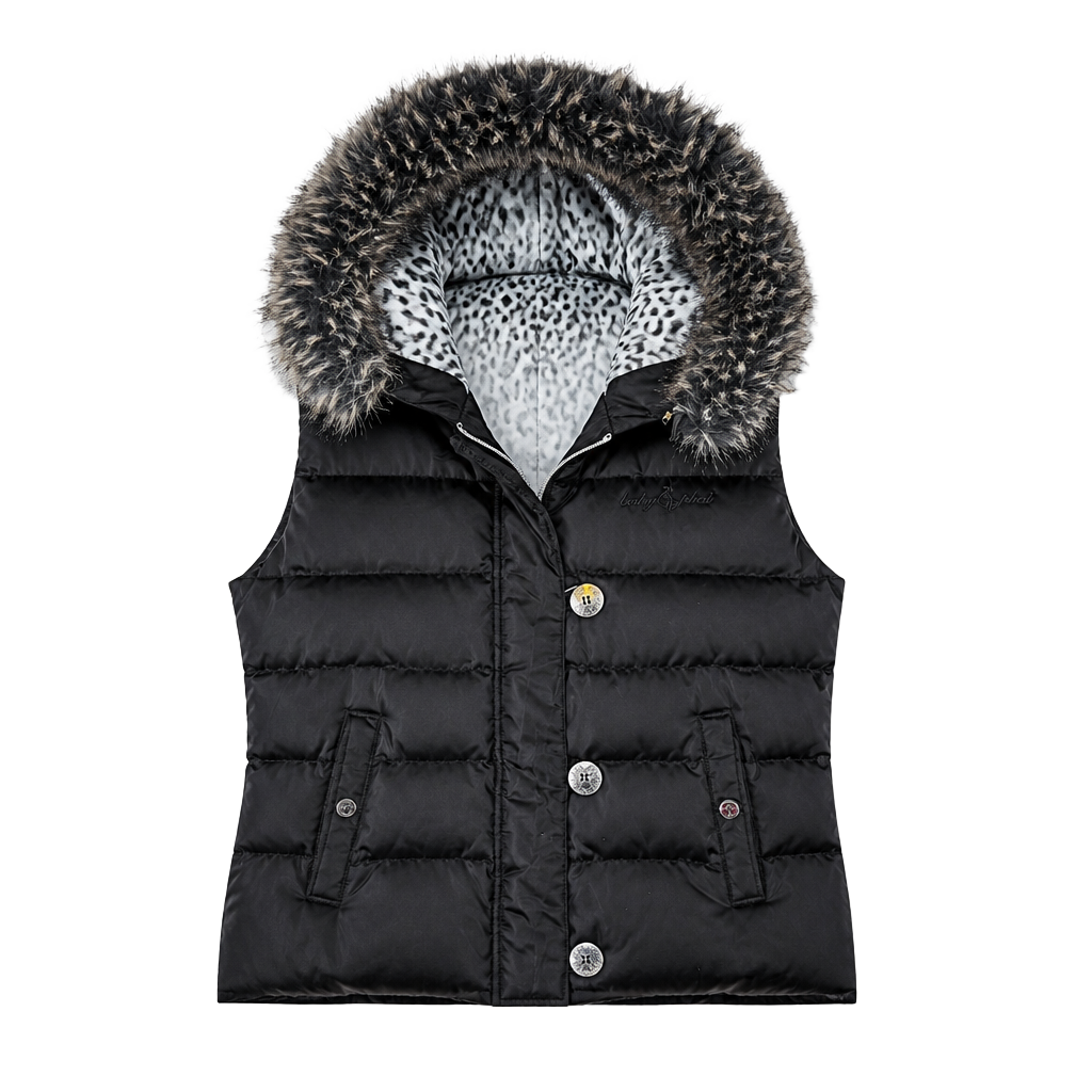 Vintage Baby Phat Puffer Vest Black Faux Fur Hood Giant Cat Logo on Back Leopard Lining Size XL 1