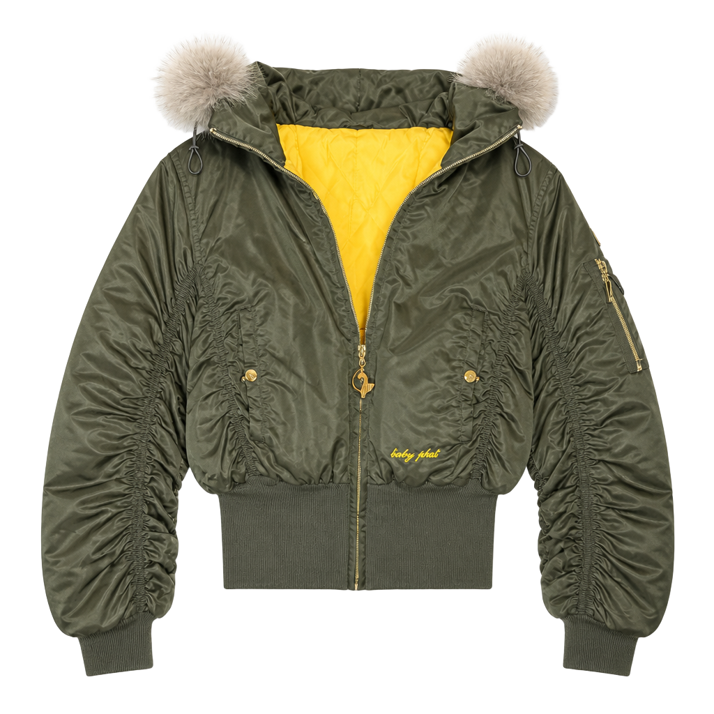 Vintage Baby Phat Bomber Jacket Size S/C Olive Green Puffer Fur Hood Giant Cat Logo Y2K 1
